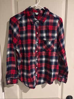 Aerie Women’s Small Red Navy Long Sleeve Button Down Flannel Plaid Pajama Shirt